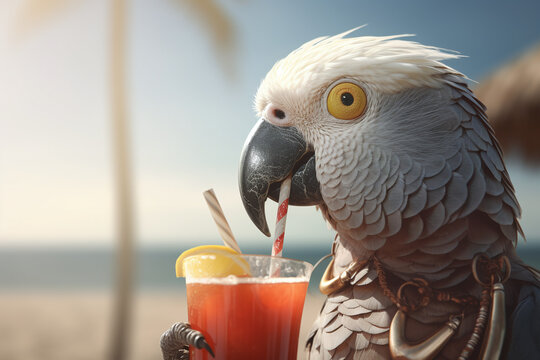 Portrait d'une perruche grise buvant un cocktail sur la plage &raquo; IA g&eacute;n&eacute;rative