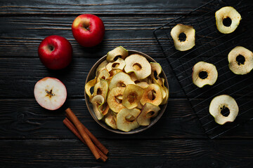 Concept of tasty food, dried apple chips, top view