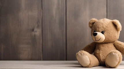 Teddy bear sitting in an empty room, wooden wall background, empty space good for invitation generative ai