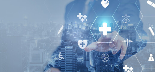 Medical Healthcare and Medicine Concept - Doctor in hospital with digital medical icons graphic interface showing symbol of medicine, health care people,