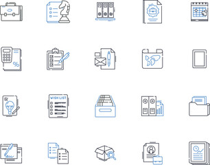 Collections and logs line icons collection. Curate, Assemble, Amass, Archive, Catalogue, Inventory, Organize vector and linear illustration. Compile,Group,Categorize outline signs set