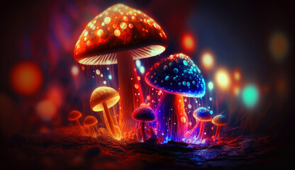 Obraz na płótnie Canvas Fantasy color glowing mushrooms. generative ai.