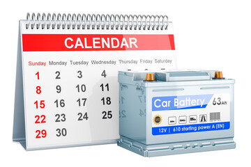 Car battery with desk calendar, 3D rendering