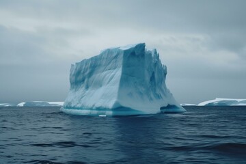Naklejka na ściany i meble iceberg in water, melting iceberg, dangerous titanic iceberg, blue iceberg Antarctica, arctic, snow, snowing. Generative AI