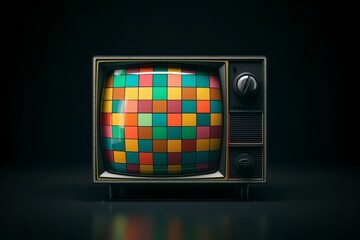 Pixel art, isolated: a retro vintage old analog tv, with an external antenna, showing a colorful test pattern made of vertical stripes. Generative AI