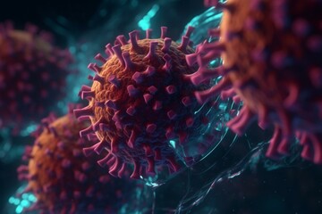 Naklejka na ściany i meble Novel Coronavirus, 2019-nCoV or SARS-CoV-2, cause of the global flu pandemic. Microscopic virus close up concept. 3d rendering. Generative AI