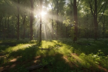 An image of a forest clearing with rays of sunlight Generative AI 4
