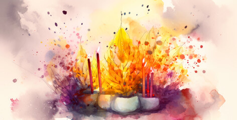 Incense and candles on abstract background, watercolor style. generative ai.
