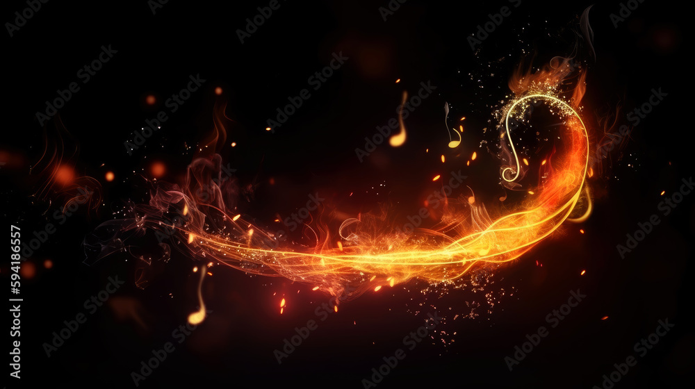 Poster Music notes on fire abstract background. generative ai.