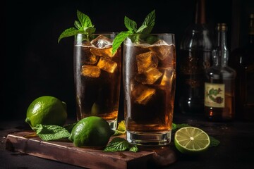 Cuba Libre with brown rum, cola, mint and lime. Cuba Libre or long island iced tea cocktail with strong drinks. Generative AI