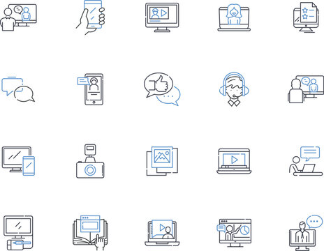 Public media line icons collection. Broadcasting, Journalism, Transparency, Community, Integrity, Accountability, Accessible vector and linear illustration. Trusrthiness,Cultural,Educational outline