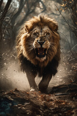 Obraz premium Wild lion roaring aggressively. Jungle forest savannah running generative ai