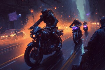 Plakat Iding futuristic sport motorcycle in a night city, cyberpunk, Generative Ai