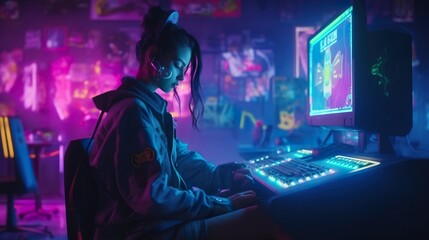 Generative AI, young woman playing video games in a room with neon light.