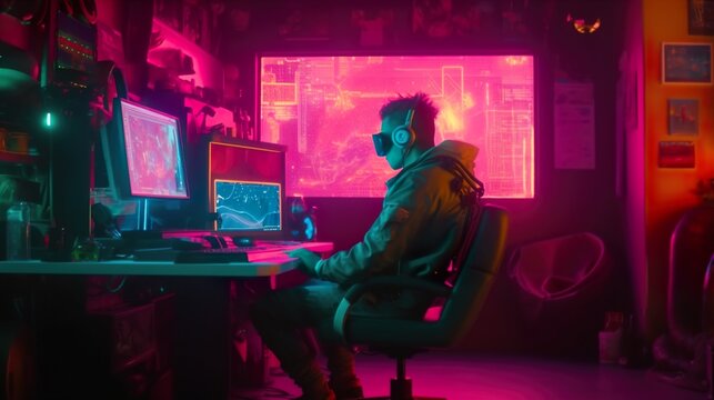 Generative AI, young man playing video games in a room with neon light.