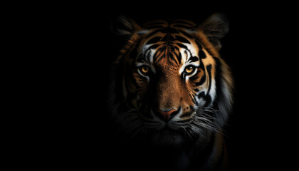 Obraz premium Tiger face on black background, generative ai