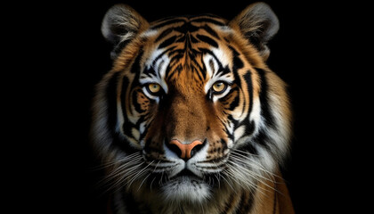 Fototapeta premium Tiger face on black background, generative ai