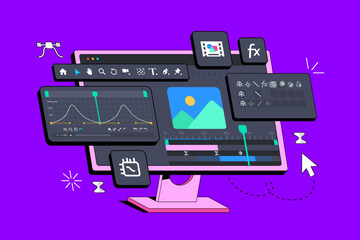 Program interface for Motion Designer. Working with Video and Animation. App for Designers. Video clip editing. Neobrutalism concept. Vector illustration in brutal style with long shadow. Creating vfx - obrazy, fototapety, plakaty