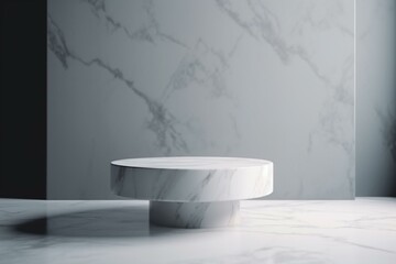 Naklejka na ściany i meble Background for product presentation, display, and mockup White Marble Table with Shadow on Concrete Wall. Generative AI