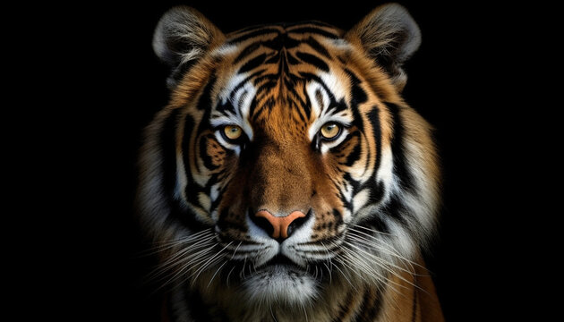 Tiger face on black background, generative ai