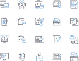 Research writing line icons collection. Investigate, Experiment, Analyze, Synthesize, Interpret, Collect, Evaluate vector and linear illustration. Formulate,Discover,Compose outline signs set