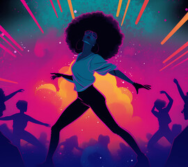 Obraz na płótnie Canvas Cosmic Afro-Dance Party - Showcasing stylish movements of cyberpunk dancer in a colorful, retro 90's anime-inspired nightclub setting, with a minimalist zen brush art silhouette. By Generative AI