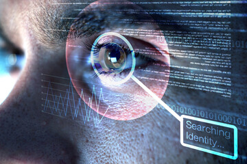Identity, holographic or man with eye scan in digital cybersecurity technology for Information database. Biometric laser, ai innovation or zoom of searching word in recognition or verification sensor