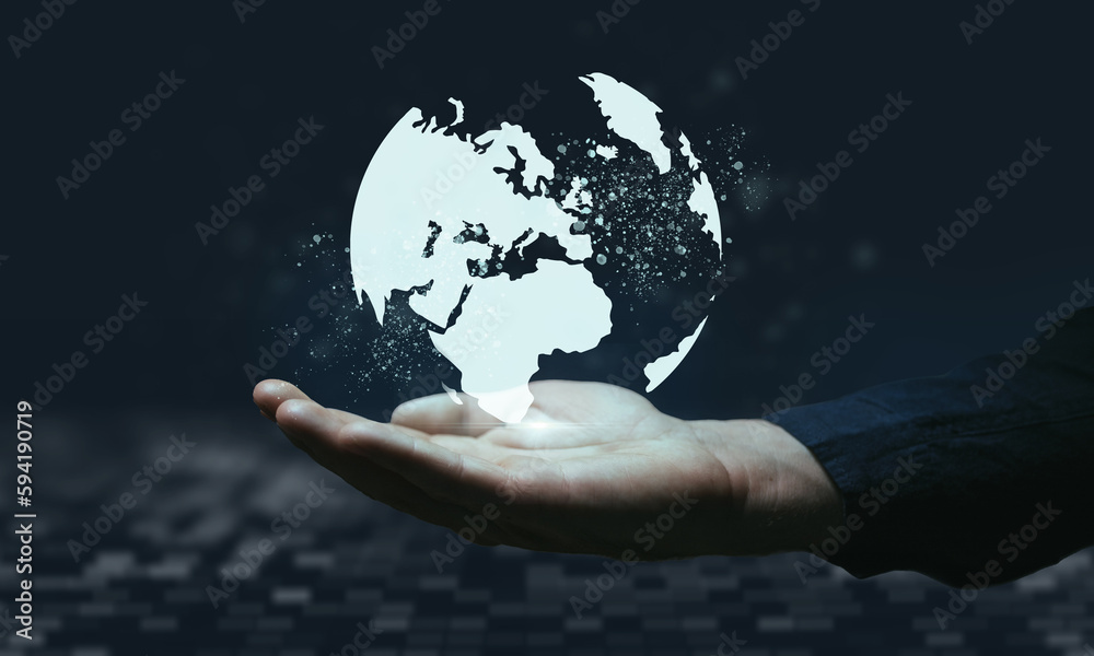 Aufkleber Hand, world and dashboard with a man user holding a digital, ai or 3d earth for data and information technology. Future, globe and networking for innovation, cloud computing or internet communication