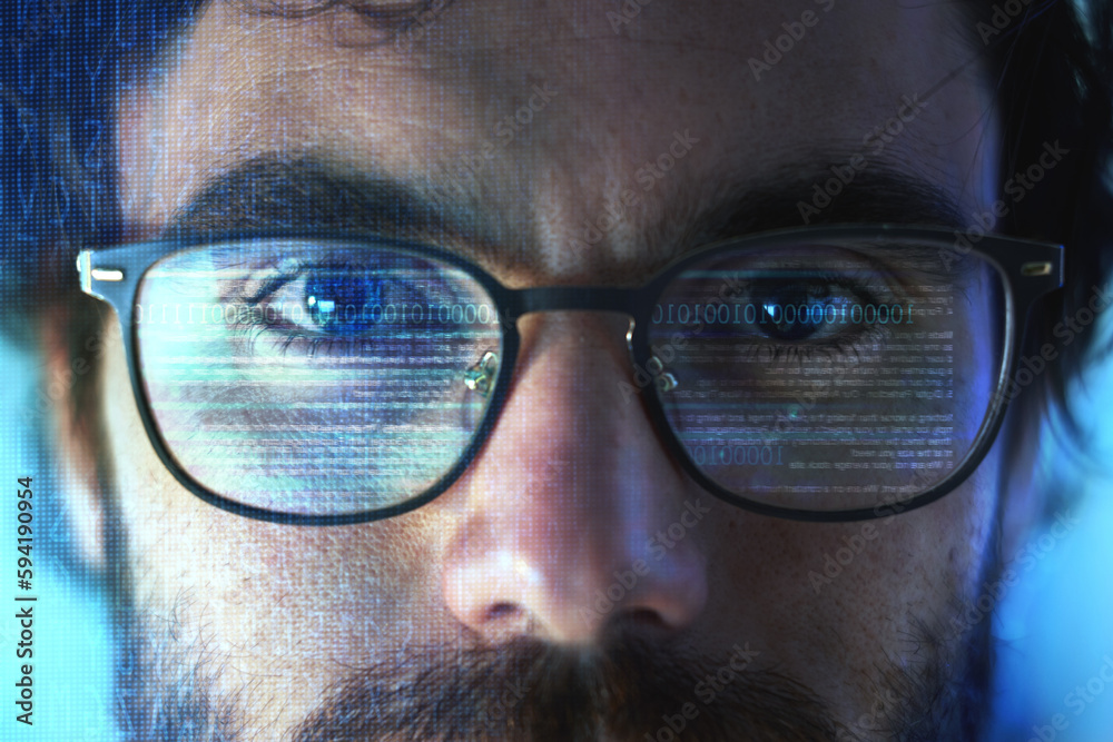 Poster face, smart glasses and overlay of man with futuristic hologram for cybersecurity. portrait, iris sc