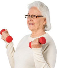 Portrait of old Woman with dumbells, Isolated on Transparent Background