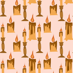 Halloween vector cartoon seamless pattern.Candles on a beige background. Autumn festive background. Background for wallpaper, wrapping, packing, and backdrop.