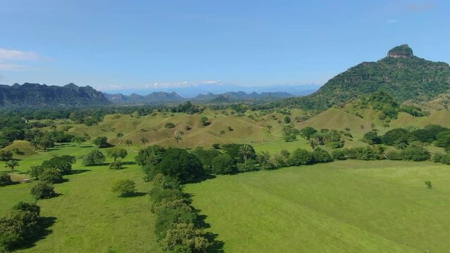 Aerial view of Vda. El Triunfo the Serran&iacute;a de La Macarena Natural National Park mountains from Honda, Tolima, Colombia