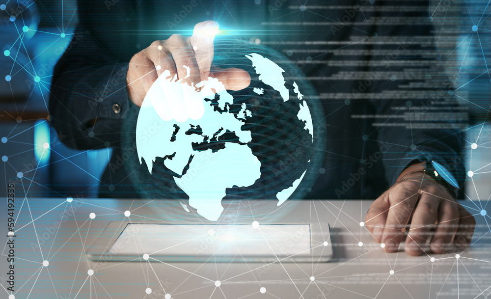 Aufkleber hands, touch globe and tablet hologram with digital overlay for global technology for communication.