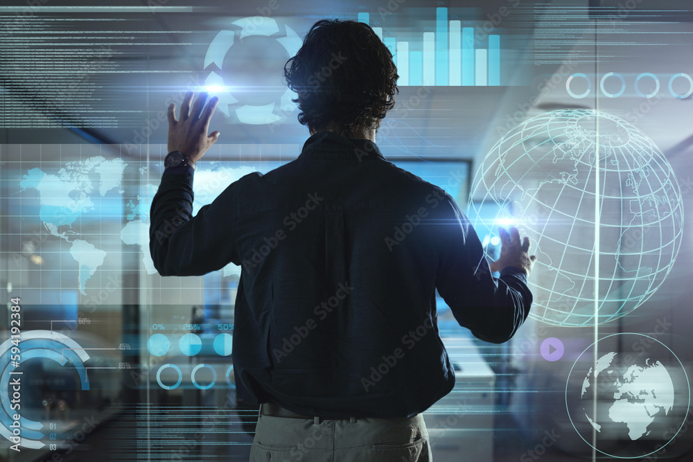 Aufkleber business man, touchscreen and hologram of information technology, data analytics and global statisti