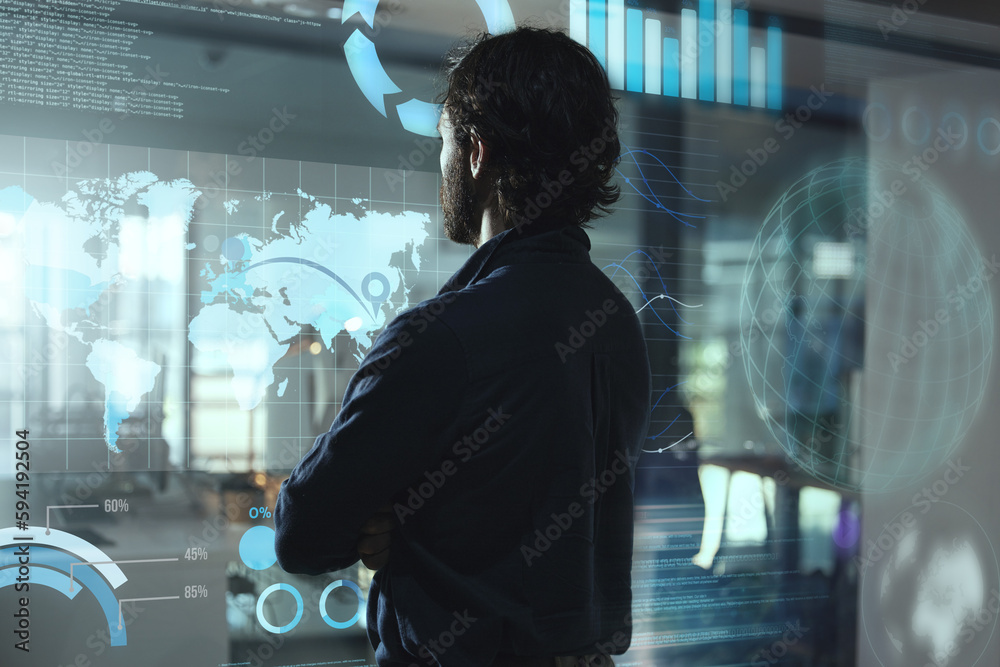 Poster Monitor hologram, business man and data analytics for global networking, worldwide technology or digital software.. Holographic screen of statistics and global information and person, night and rear