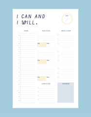 I can and I will planner. Minimalist planner template set. Vector illustration.	 