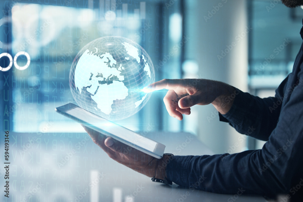 Poster Globe, tablet hologram and man hands in global networking, digital world overlay or futuristic business data. Holographic, futuristic technology of person or user touchscreen for worldwide connection