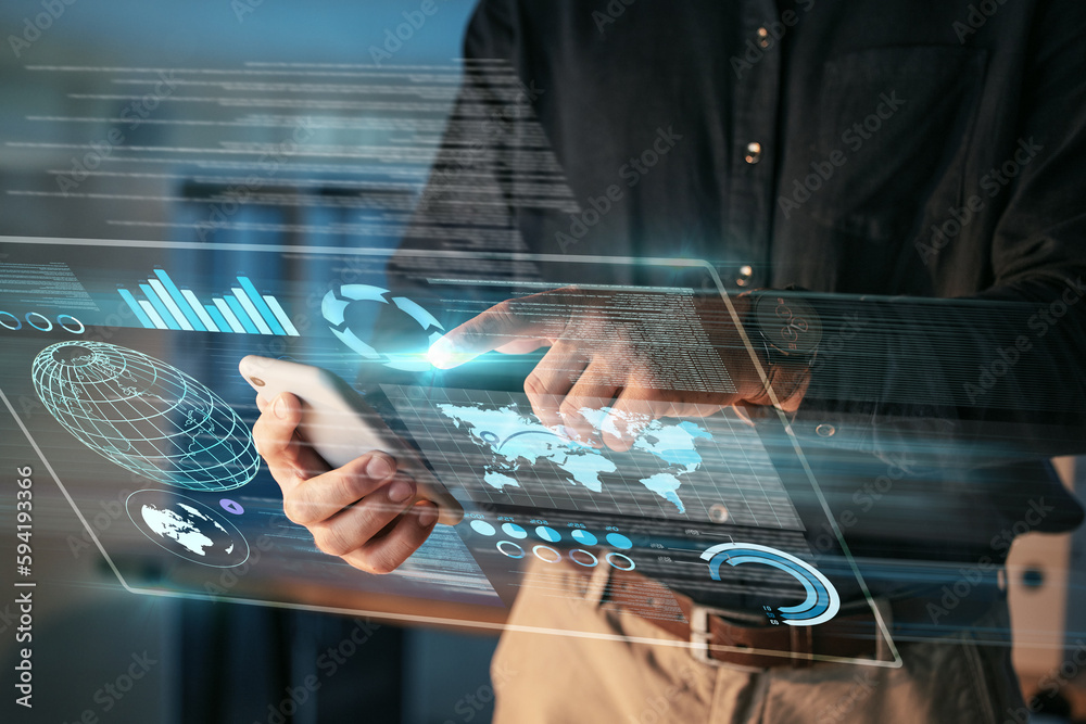 Poster Phone, hologram and man hands for data analytics, information technology and global network on mobile app at night. 3d hologram, touchscreen and business person on digital software and worldwide map