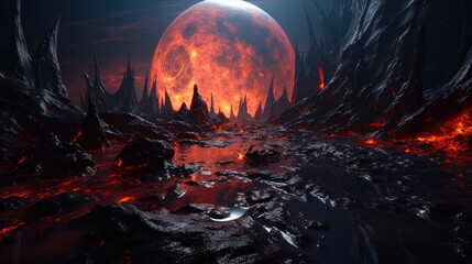 Fototapeta premium alien planet in the space with full of lava and fire , fantasy poster, sf theme, ai generative
