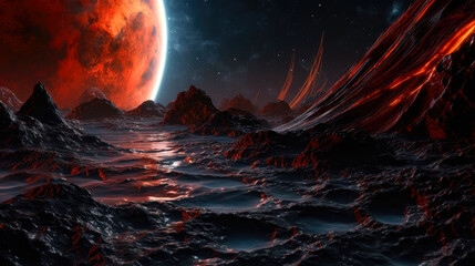 alien planet in the space with full of lava  and fire , fantasy poster, sf theme, ai generative