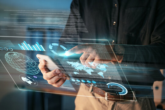 Phone, hologram and man hands for data analytics, information technology and global network on mobile app at night. 3d hologram, touchscreen and business person on digital software and worldwide map - Powered by Adobe