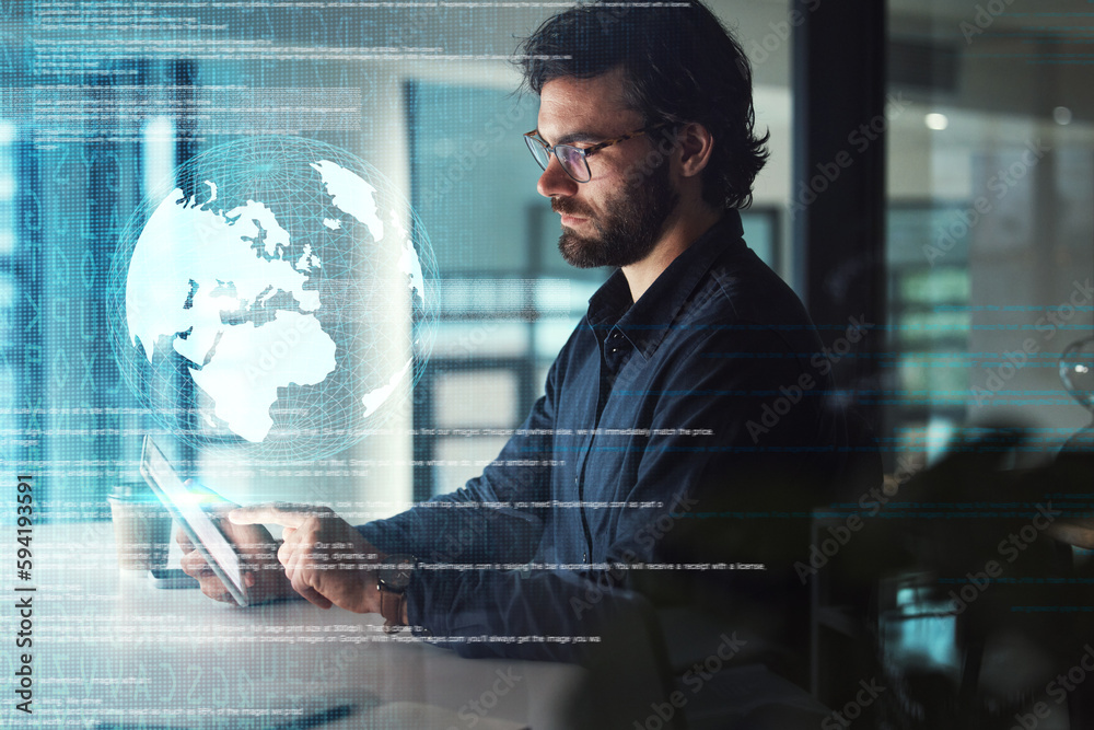 Poster Globe, tablet hologram and business man in global network, digital world overlay or futuristic data analysis. Holographic, night technology and person with worldwide research, web coding and software