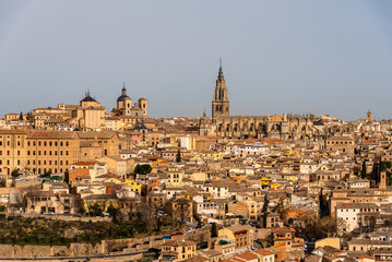 Panoramic view of the old town of the city of Toledo with the Cathedral and the Church of San Ildefonso. Castilla La Mancha