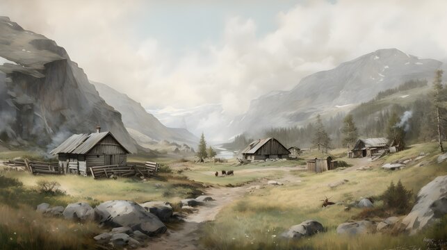 Generative AI watercolor rural scene in Norway 100 year ago