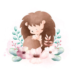 Watercolor illustration Cute mom and baby hedgehog with flower wreath