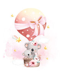 Watercolor illustration Cute mom and baby koala in hot air balloon © Stella