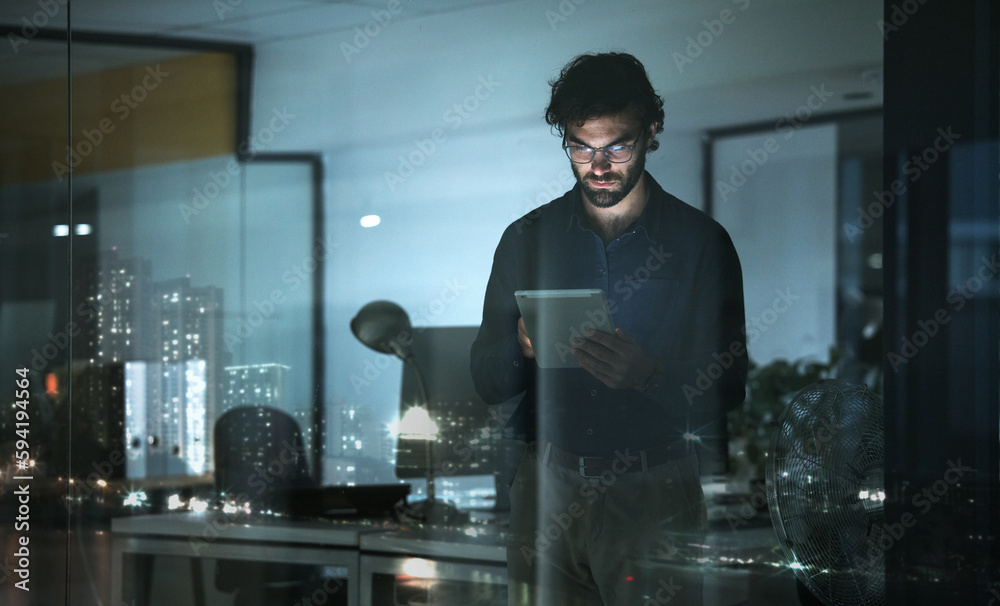 Aufkleber business man, tablet and serious in office, online browsing or web scroll by window with city lights