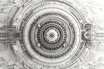White abstract concentric gears technology background. Created with Generative AI technology.