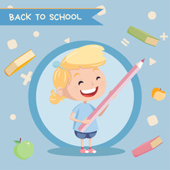 Postcard back to school (school admission) with a little girl with blond hair standing with a pencil. Can be used for flyers, banners.