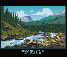 rocky mountain landscape vector illustration, mountain realistic vector, mountain lake vector drawing, mountain vector art for print, poster, calendar,  